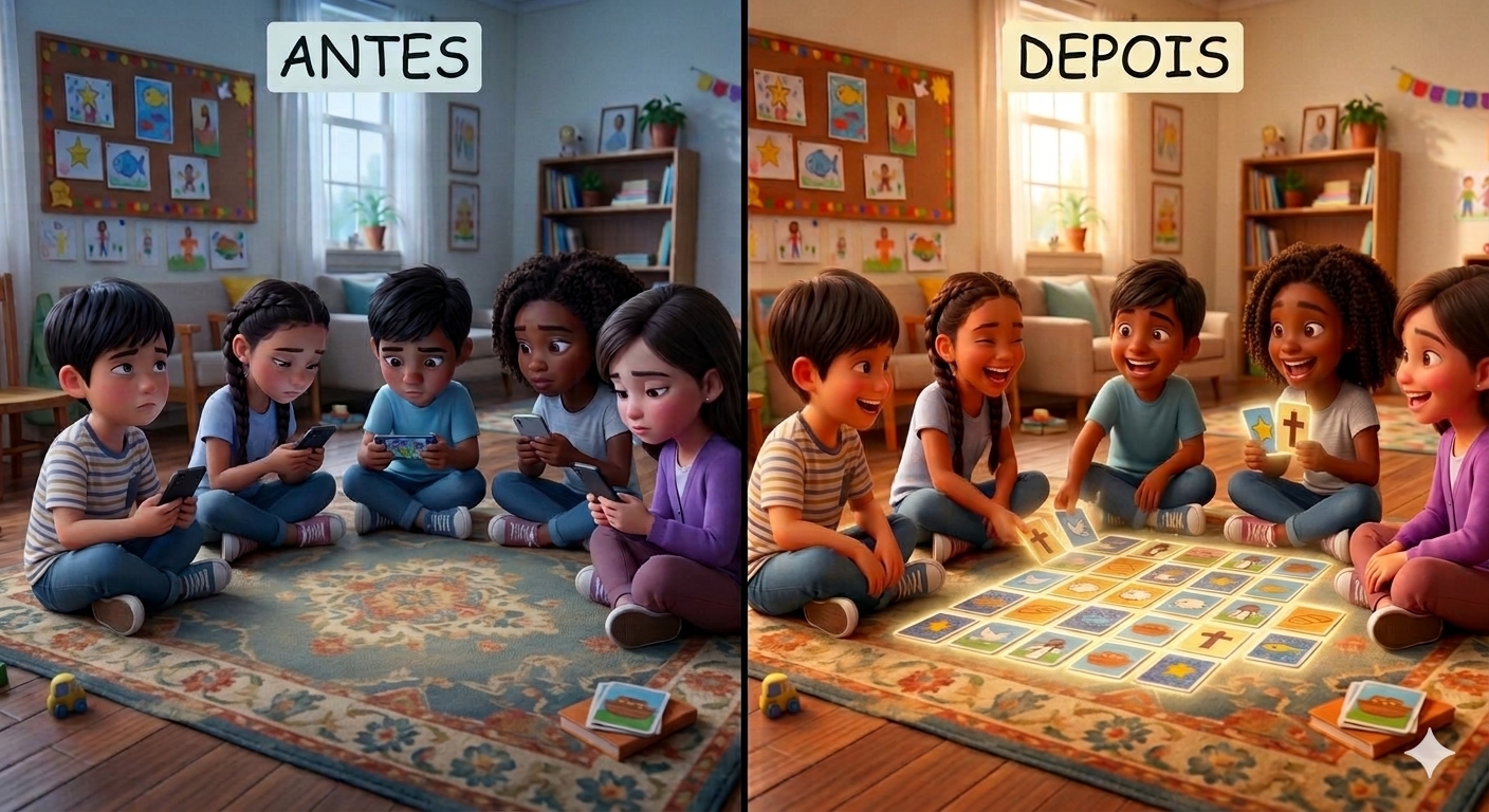 Antes e depois: crianças no celular e crianças brincando juntas com o jogo