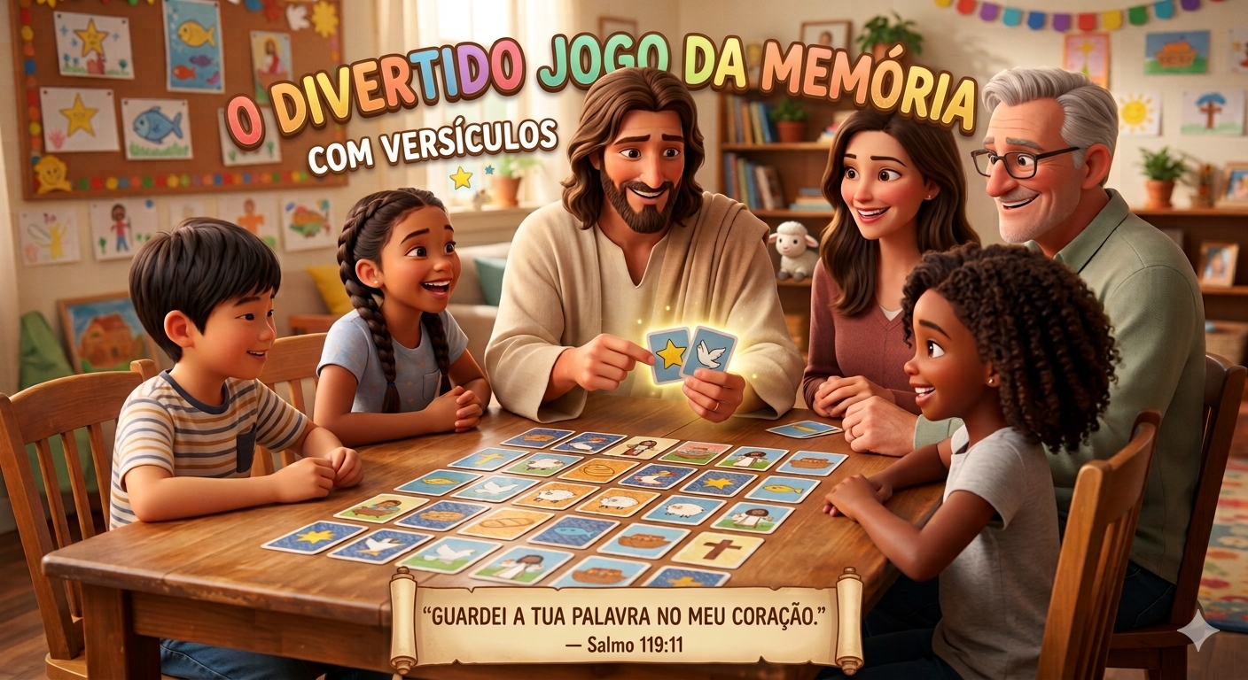Família reunida jogando o Jogo da Memória Versículos